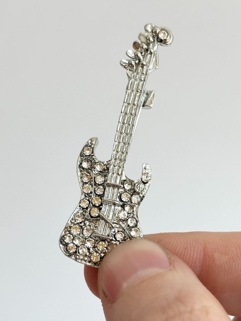Guitar Figural Silver Toned Rhinestone Accented Textured Vintage Inspired Brooch